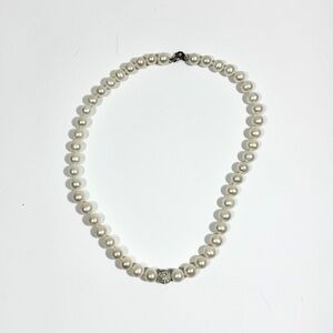 Elegant 18” White Faux Pearl Necklace Rhinestone Pave Bead Accent Lobster Clasp